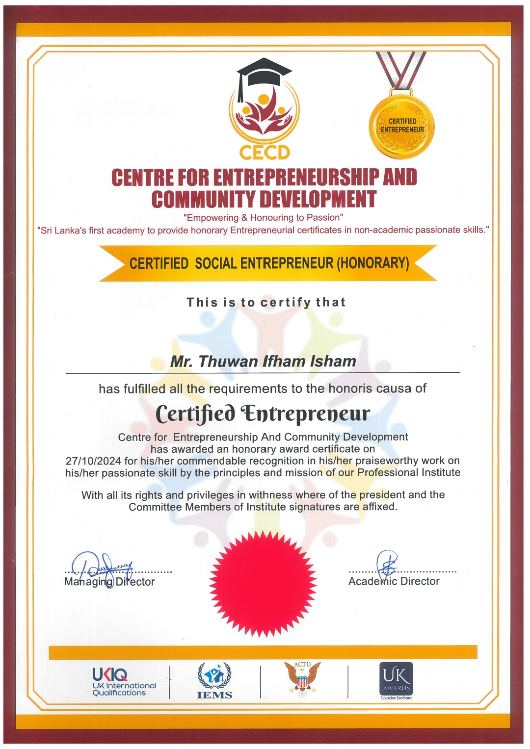 Certified Social Entrepreneur (Honorary)